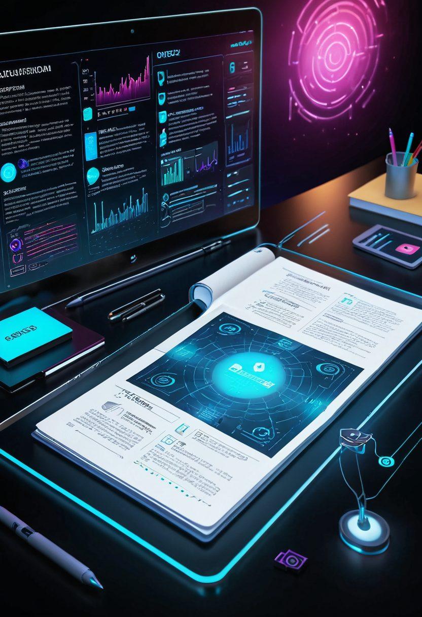 A futuristic digital journal interface glowing with vibrant colors, showcasing holographic notes and interactive features, surrounded by icons representing trends in technology. In the background, silhouettes of diverse experts engaging in discussion, symbolizing insights and opinions. The atmosphere feels innovative and inviting, with a sleek, modern design. 3D. vibrant colors. high-tech.