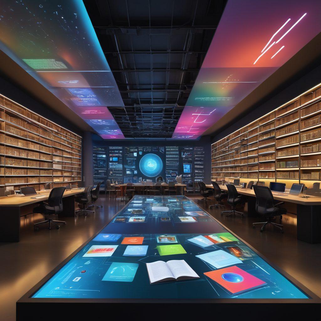 A futuristic library setting with diverse individuals collaborating at digital workstations, surrounded by holographic displays of digital journals and data. Emphasize the interaction between traditional books and modern technology, highlighting the fusion of knowledge. Incorporate symbols of various institutions and associations represented through icons or logos in the background. The scene should be vibrant and inspire a sense of innovation and connectivity. super-realistic. vibrant colors. 3D.