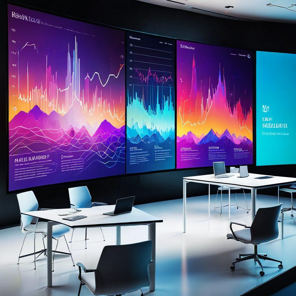 A modern digital landscape filled with abstract data visualizations, featuring diverse individuals sharing knowledge around a virtual table, showcasing graphs, charts, and digital interfaces. The scene should convey collaboration and expertise in a bright, futuristic setting. super-realistic. vibrant colors. 3D.
